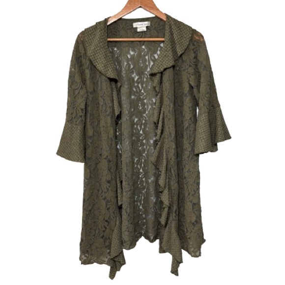 Paisley Vine Waffle Knit Dark Green Lace Bell Sleeve Open Front Cardigan Size L - Picture 1 of 4